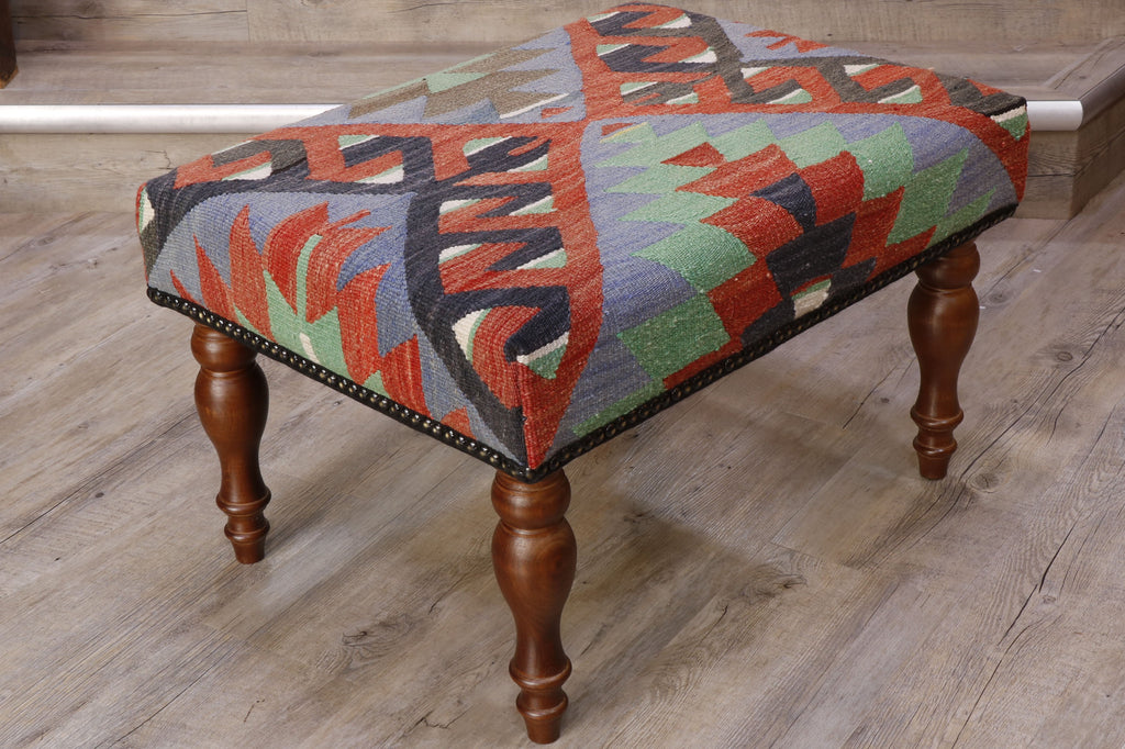 Medium handmade Turkish kilim covered stool - 308594